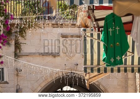 Jerusalem, Israel, June 13, 2020 : Coat Of Arms On The Wall Of The Memorial Monument For Hospitaller