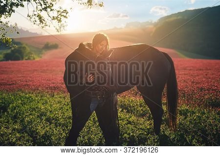 Portrait Woman And Horse Outdoors. Woman Hugging A Horse.