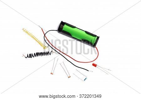 Electronic Parts On Isolated Background, Resistor, Led, Li Ion Battery.