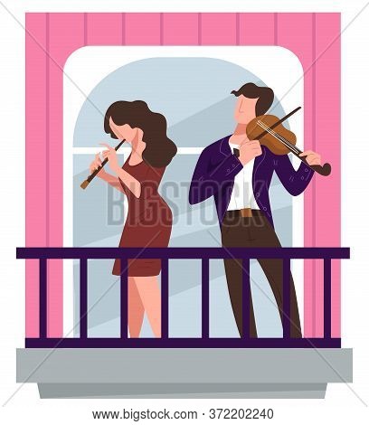 Musicians Playing Violins On Balcony, Concert Of Violinists On Quarantine