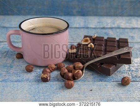 Kraft Chocolate With Different Tastes And Aromatic Coffee On The Table