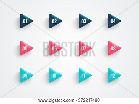 Vector Illustration Modern Triangle Bullet Point Set. Points With Number 1 To 12.