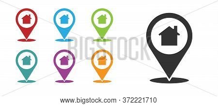Black Map Pointer With House Icon Isolated On White Background. Home Location Marker Symbol. Set Ico