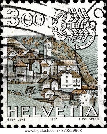 02 11 2020 Divnoe Stavropol Territory Russia The Postage Stamp Switzerland 1985 Zodiac Signs And Lan