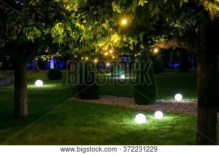 Illumination Backyard Light Garden With Electric Ground Sphere Lantern With Stone Mulch And Thuja Bu