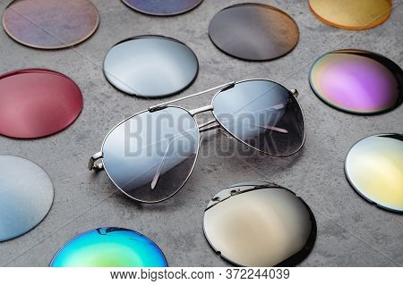 Closeup Of Assortment Of Different Colored Optical Corrective Lenses For Eyewear, Fashion Trendy Sun