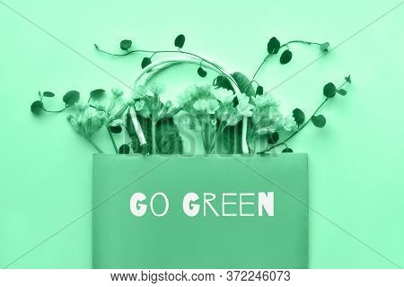 Top View Of Spring Primrose Flowers In A Paper Bag With Text Go Green . Flat Lay On Vibrant Paper Ba