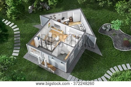Sliced House With Interior In Form Of House Among A Garden With Many Trees And Internal Content . 3d