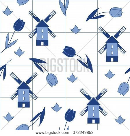 Delftware Decorative Seamless Pattern With Tulips And Windmills. Vector Illustration