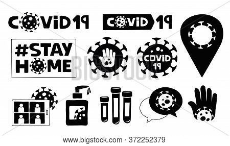 Set Of Handmade Coronavirus Icons In Black On White Background