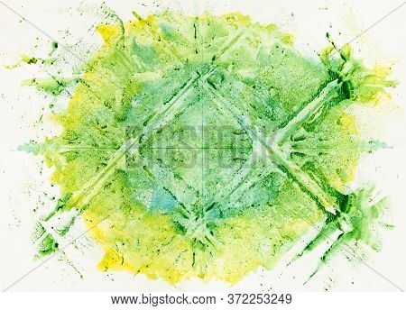 Minimalist Art - Abstract Symmetric Monotyping Painting Handcrafted With Green And Yellow Watercolor