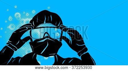 Doctor Wearing Virus Protection Equipment Over Blue Background