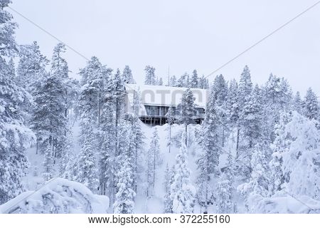 Saariselka, Finland - December 31, 2017: Photo In The White Wood Of Saariselka During Winter