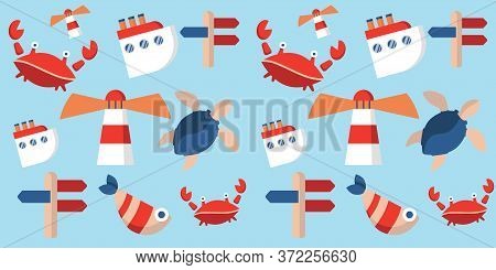 Sea Voyage Pattern With Turtle, Fish, Crab, Lighthouse, Ship And Signpost. Sea Animals. Modern Desig