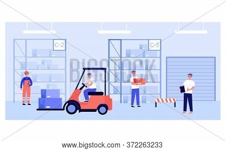 Warehouse Workers And Couriers Carrying Boxes From Storage Shelves, Riding Forklift, Doing Logistic 