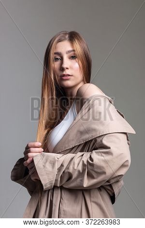 Attractive Caucasian Girl With Long Hair Looking At Camera. Beauty Portrait, Model Tests Of Pretty F