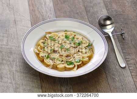 austrian and south germany sliced pancake soup, frittatensuppe, pfannkuchensuppe