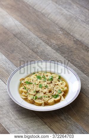 austrian and south germany sliced pancake soup, frittatensuppe, pfannkuchensuppe