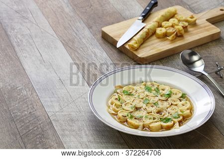 austrian and south germany sliced pancake soup, frittatensuppe, pfannkuchensuppe