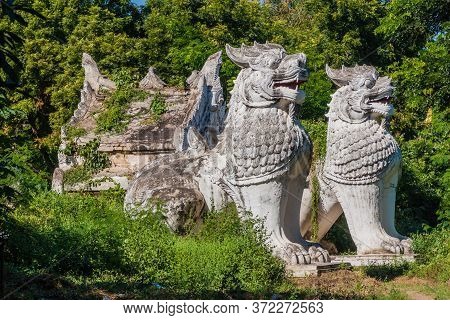 Lion Statues At Aung Myay Law Ka Pagoda In Sagaing Near Mandalay, Myanmar