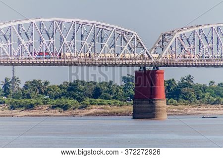 Ava Inwa Bridge Crossing Irrawady Ayeyarwady River In Sagaing Near Mandalay, Myanmar