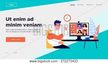 Worker Using Computer For Collective Virtual Meeting And Group Video Conference. Man At Desktop Chat