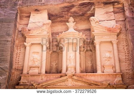 Wadi Musa, Petra / Jordan - September 2019: Treasury Of Al Khazneh Close-up, Wadi Musa, City Of Petr