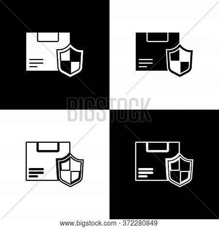 Set Delivery Security With Shield Icon Isolated On Black And White Background. Delivery Insurance. I