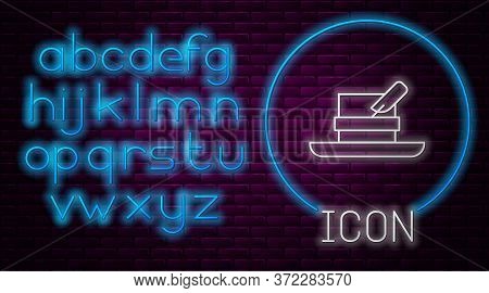 Glowing Neon Line Hunter Hat With Feather Icon Isolated On Brick Wall Background. Plaid Winter Hat. 
