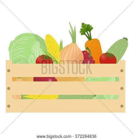 Wooden Box With Vegetables Isolated On A White Background. Vector Illustration For Design.