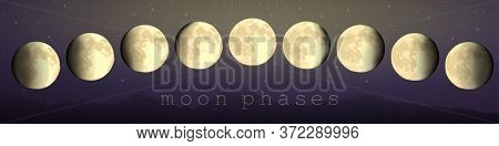 Moon Phases Vector Set Of Astronomical Hand Draw Elements Newmoon Crescent Fullmoon. Horizontal Land