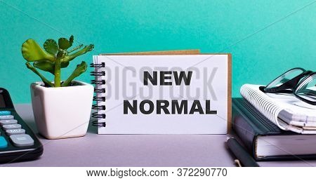 The New Normal Is Written In A Notebook, Which Stands Next To A Flower On The Table. New Normal Conc