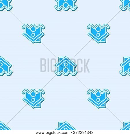 Blue Line House Flood Icon Isolated Seamless Pattern On Grey Background. Home Flooding Under Water. 