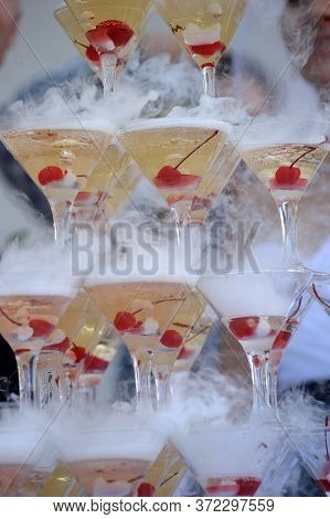 Pyramid Of Glasses With A Champagne Close Up.