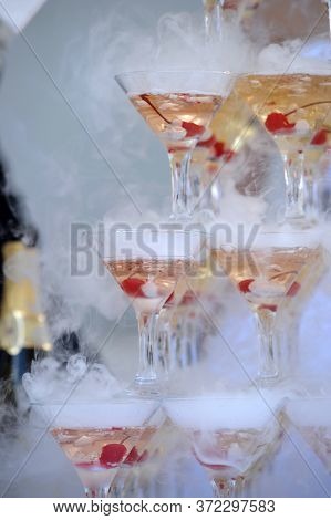 Pyramid From Glasses Of Champagne On Wedding Party