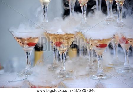 Pyramid From Glasses Of Champagne On Wedding Party