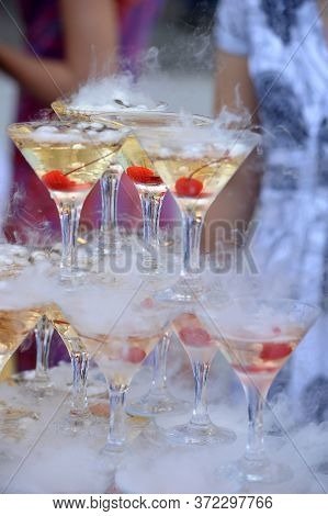 Pyramid From Glasses Of Champagne On Wedding Party