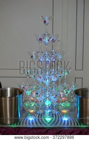 Pyramid Of Glasses With A Champagne Close Up.