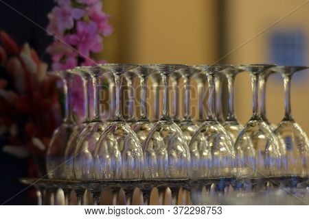 Close Up Empty Glasses In Restaurant Natural Light