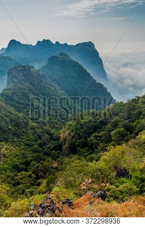 Fog And Mountains Around Mt Zwegabin Near Hpa An, Myanmar