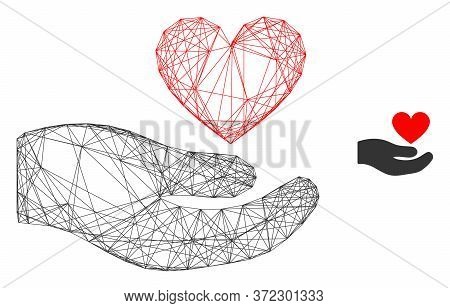 Web Carcass Palm Offer Love Heart Vector Icon. Flat 2d Carcass Created From Palm Offer Love Heart Pi