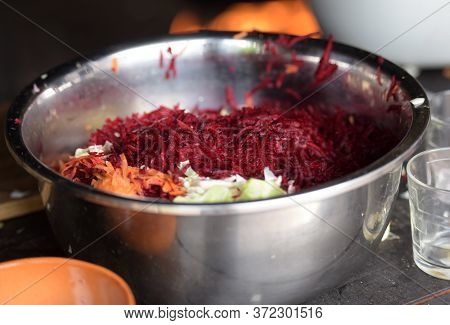 Bowl With Grated Vegetables For Borsch Close Up