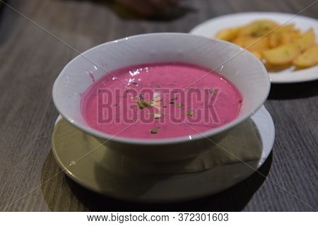 Lithuanian Cold Borscht In A White Plate On The Table