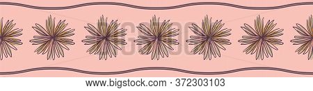 Doodle Flower Heads Pink Vector Border Print. Decorative Surface Print Design For Embellishing Cards