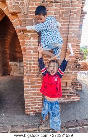 Bagan, Myanmar - December 9, 2016: Local Children At The Temple No 860 In Bagan, Myanmar
