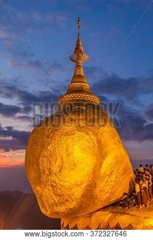 Kyaiktiyo, Myanmar - December 11, 2016: Golden Rock Kyaiktiyo Pagoda During Sunset, Myanmar