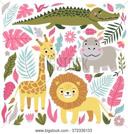 Set Of Wild Exotic Animals Living In Savannah Or Tropical Jungle. Vector Illustration Isolated On Wh