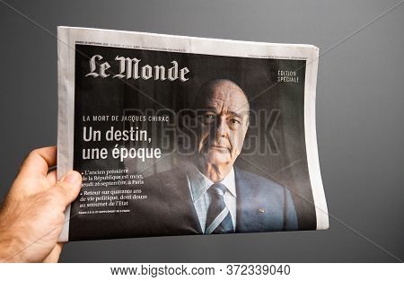 Paris, France - Oct 2, 2019: Male Hand Pov Personal Perspective Holding Against Gray Background Le M