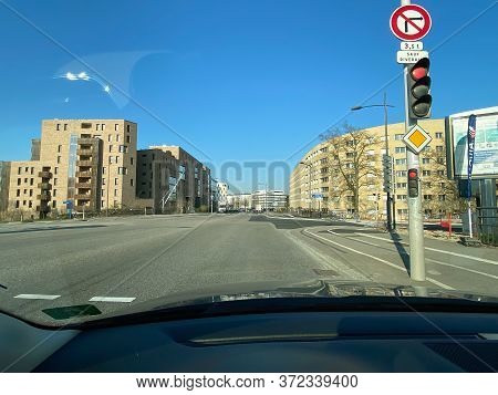 Strasbourg, France - April 2, 2020: Empty Avenue At The Peak Hours During Covid-19 Coronavirus Pande