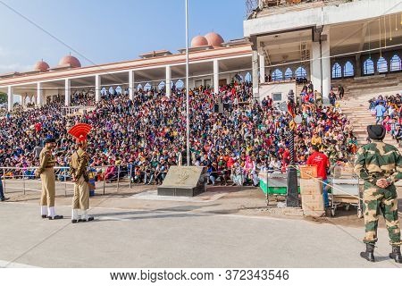 Wagah, India - January 26, 2017: Indian Spectators Watch The Military Ceremony At India-pakistan Bor